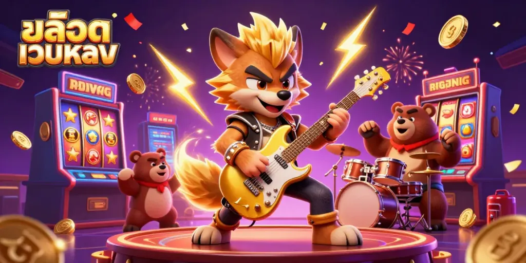 Experience the thrill of สล็อตเว็บตรง with a rockstar wolf on stage, celebrating wins and excitement.