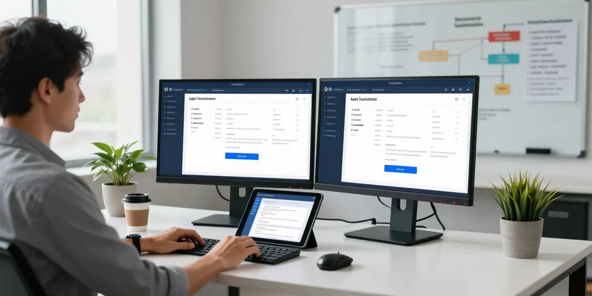 Developer working on an age verification system with dual monitors in a modern office, emphasizing secure user experience.