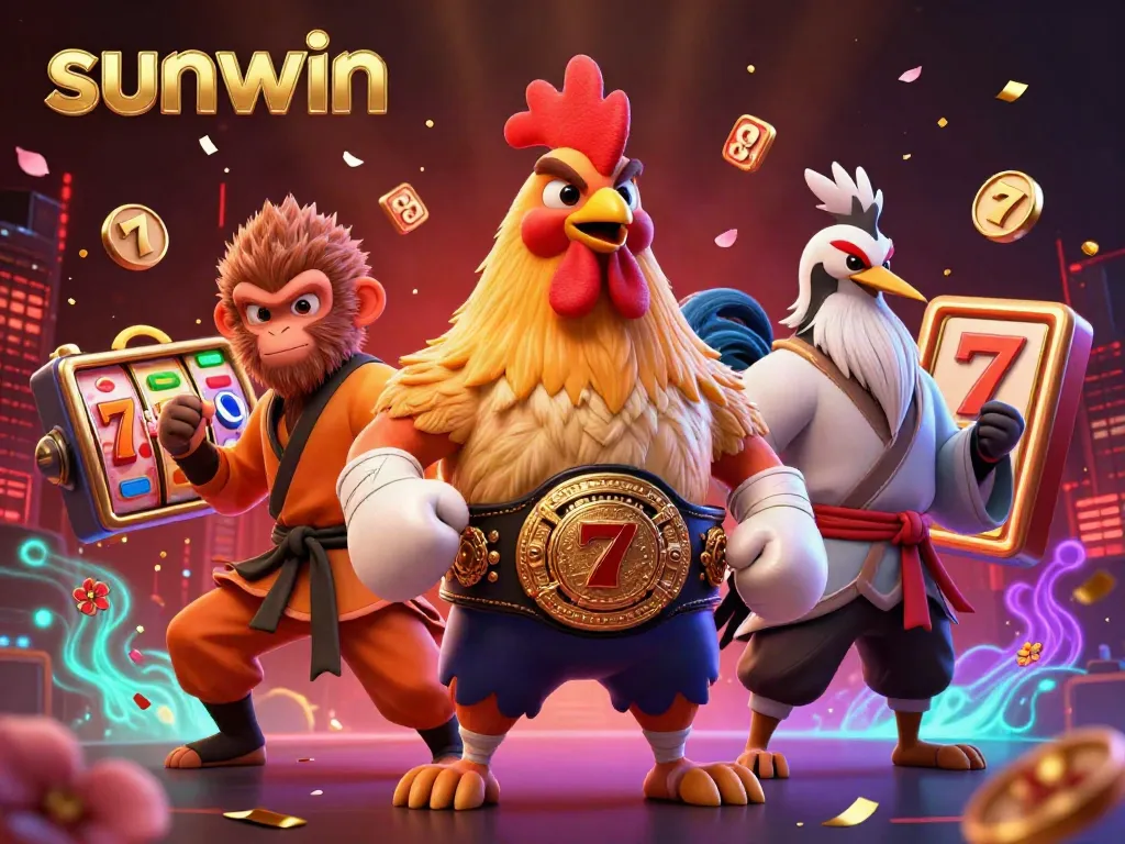 Experience the vibrant thrills of sunwin with a dynamic illustration featuring casino elements, winning symbols, and iconic characters.