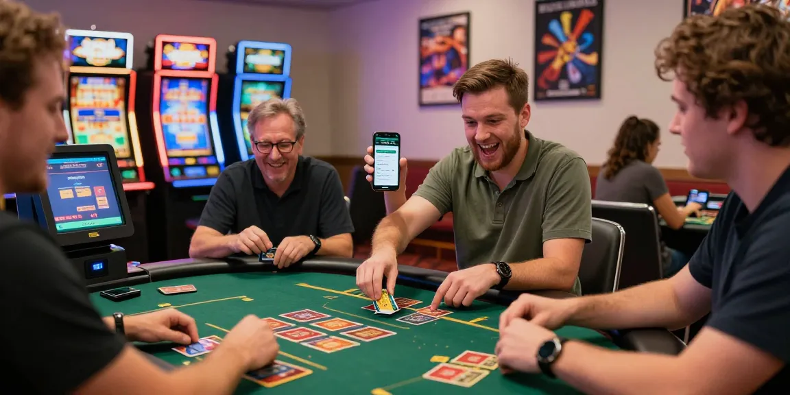 Spieler, die ein Paysafe Card Casino erleben, während sie Einzahlungen an einem digitalen Kiosk in einer lebhaften Casino-Atmosphäre tätigen.