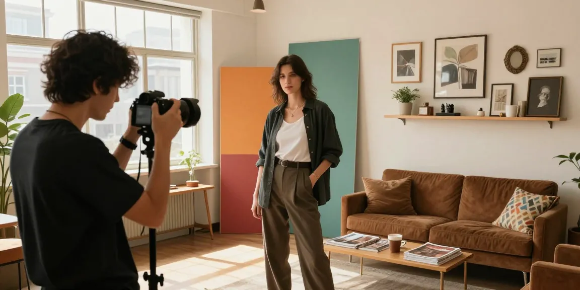 Photographe de portrait à Milan en studio avec un client posant pour une photo professionnelle, ambiance créative et accueillante.