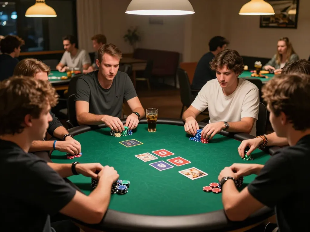 Players enjoying a thrilling 3win game during a friendly home poker night with chips and cards in action.