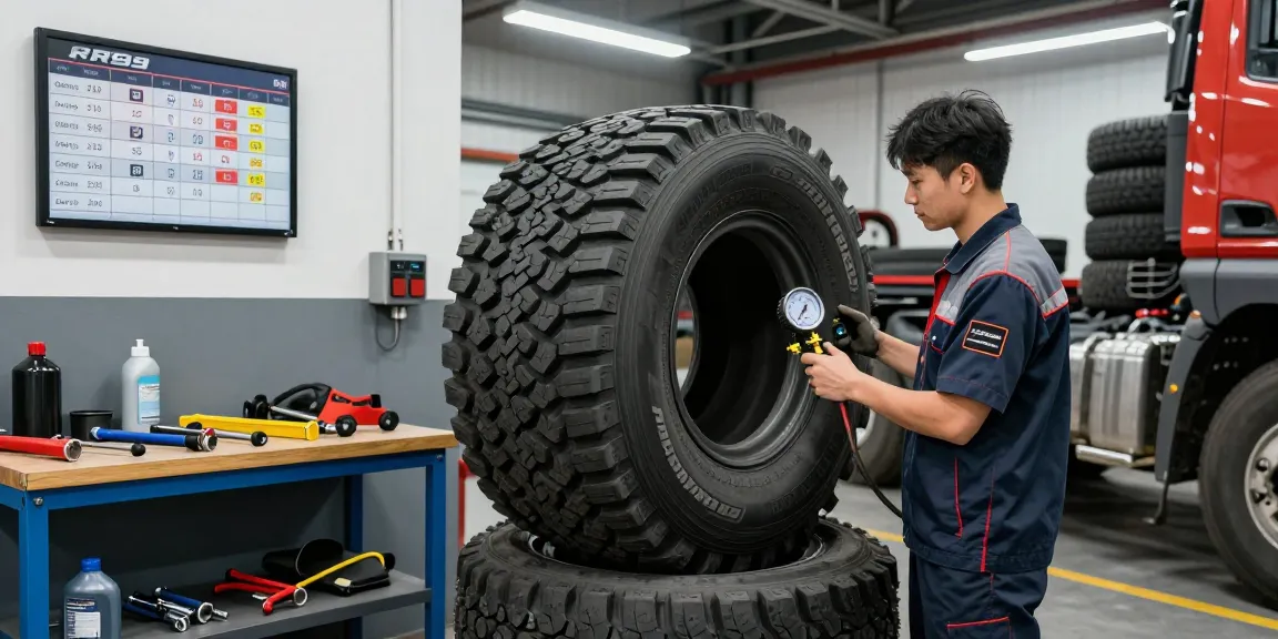 Technician examining Double Coin RR99 tire in a busy automotive workshop, showcasing equipment and tire details.