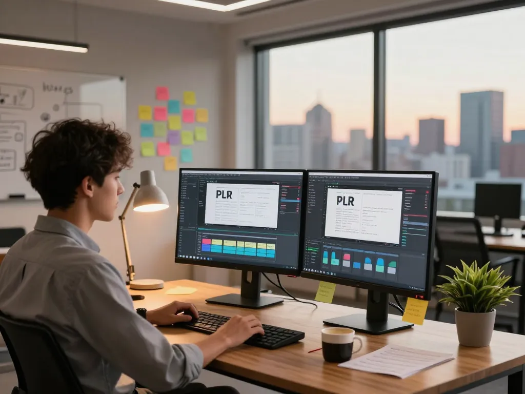 Purchase PLR Content in a vibrant professional workspace with editing software and content notes.