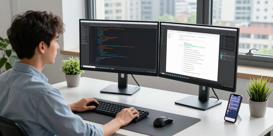 Developer using 截图软件 in a modern office workspace, showcasing productivity tools and coding setup.