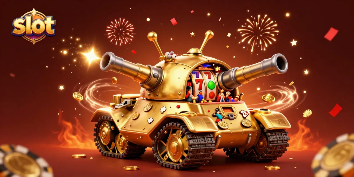 Spin the slot reels inside a golden beetle tank casino amidst vibrant confetti and fireworks.
