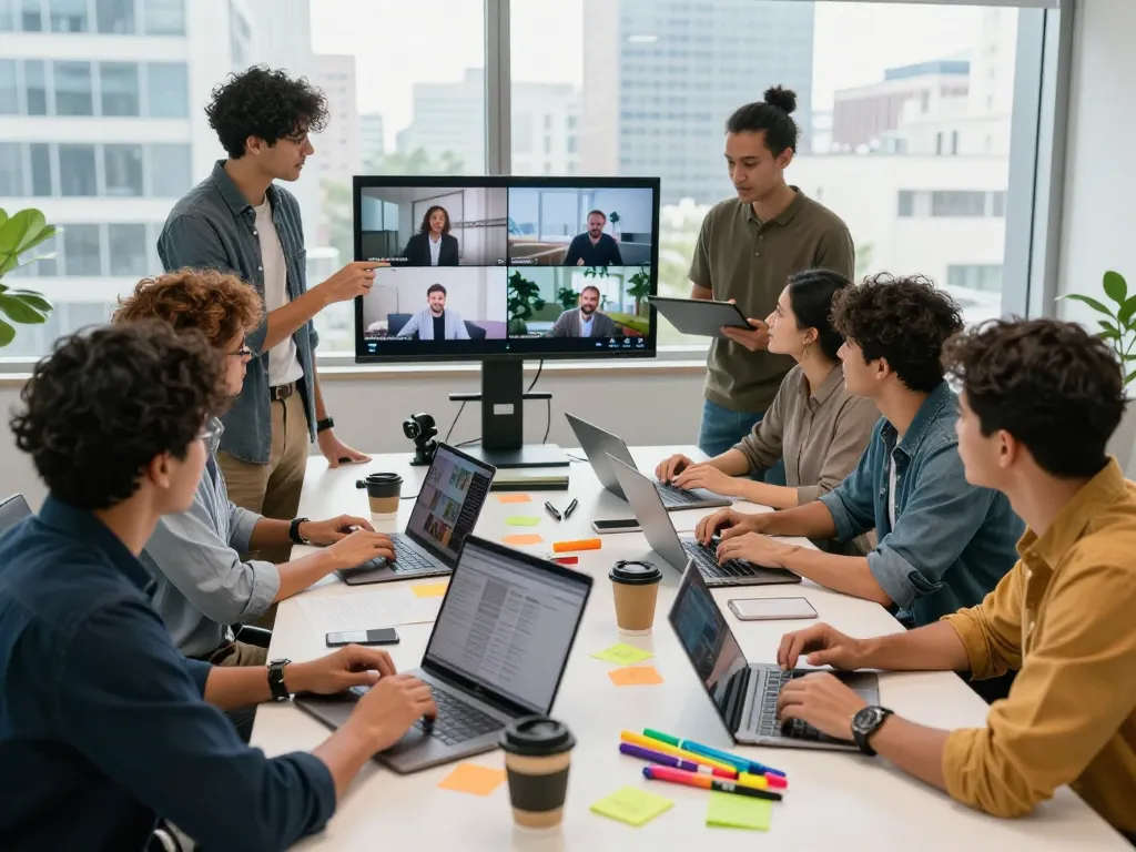 Team collaboration around video to promptgenerator technology in a bright office.