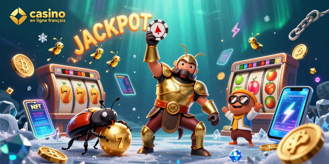 Victoire au casino en ligne français avec un scarabée et jackpot lumineux.
