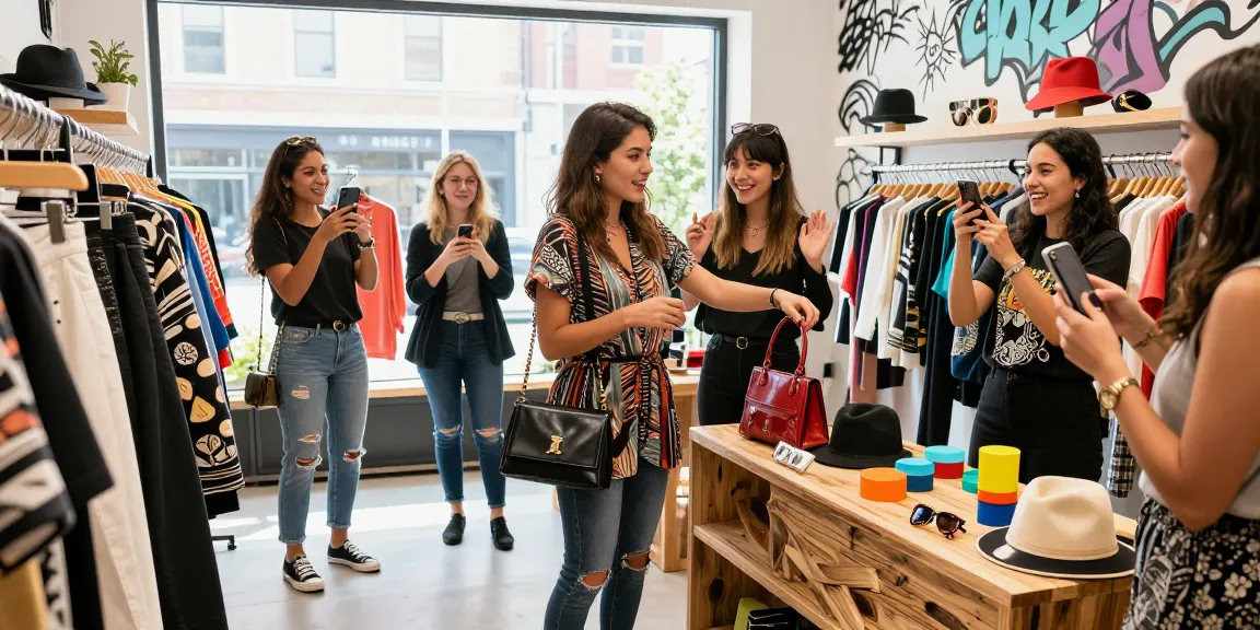 A young woman shops for a stylish 레플리카 handbag in a trendy urban store, immersed in a vibrant fashion experience.
