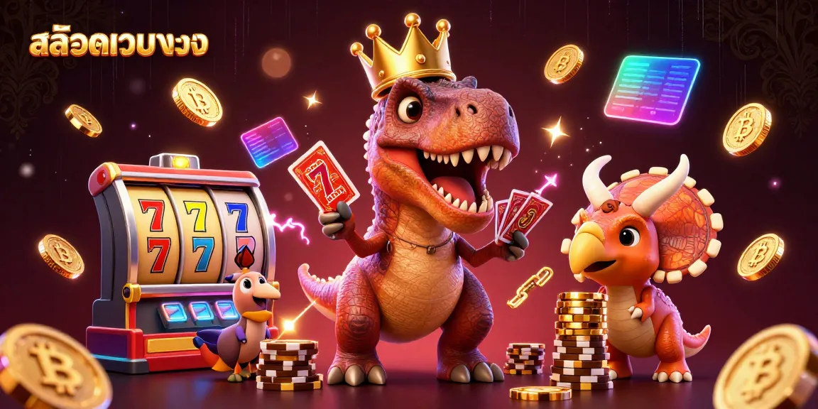 Engage with สล็อตเว็บตรง in a vibrant 3D casino scene featuring cartoon dinosaurs and crypto elements.