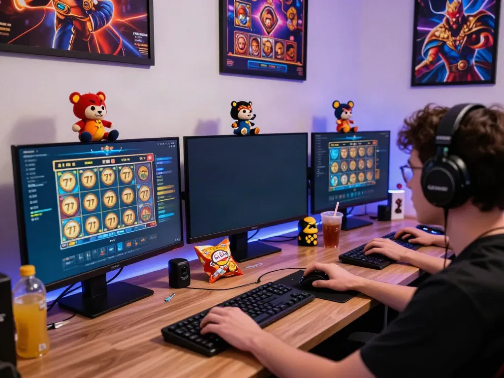 Gamer menikmati permainan slot777 di setup modern, dikelilingi oleh koleksi permainan dan lampu LED.