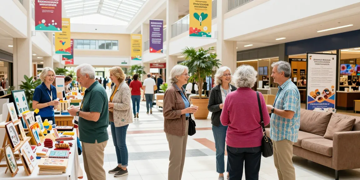 Engaging shopping experience at Senior Mall with active seniors exploring local crafts and community events.