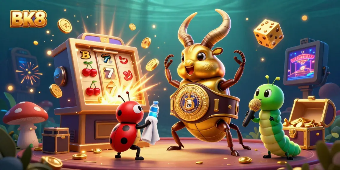 BK8 offers an electrifying gambling experience with a dynamic scene featuring a golden stag beetle surrounded by vibrant slot machines.