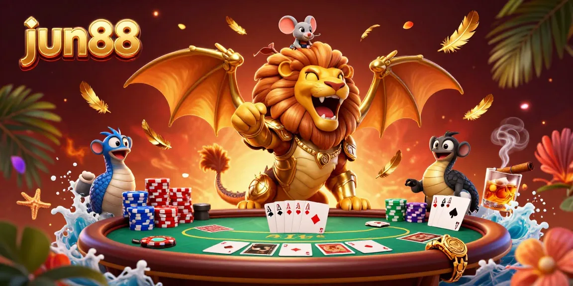Play thrilling poker at jun88 with a giant chimera roaring, surrounded by colorful poker elements.