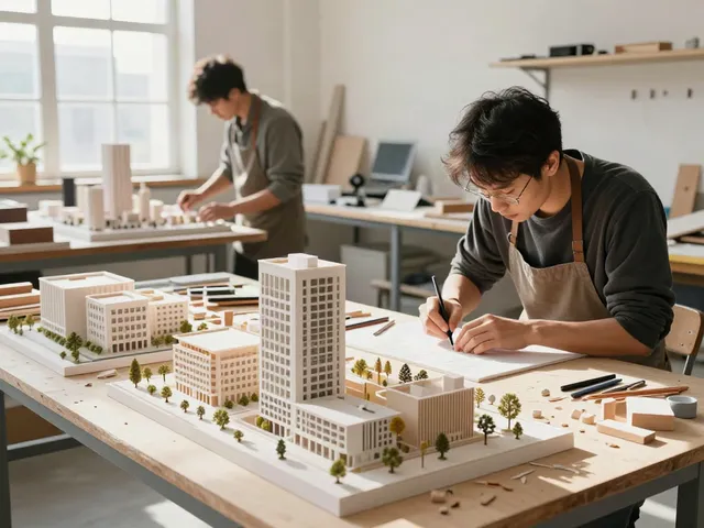Architektur Modellbau Duisburg: Präzise Modellbauer im hellen Werkstattumfeld.