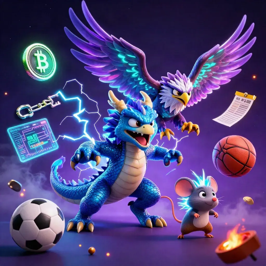 Thunder dragon, wind hawk, and crackling mouse amid coins, lightning, and sports gear in neon storm