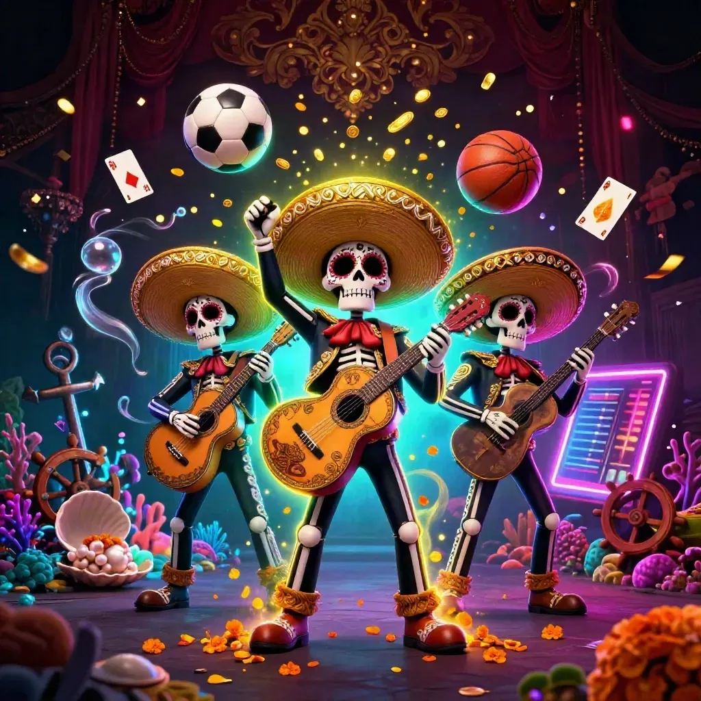 Skeleton mariachi trio amid treasure cove effects, petals, coins, and glowing sports props.