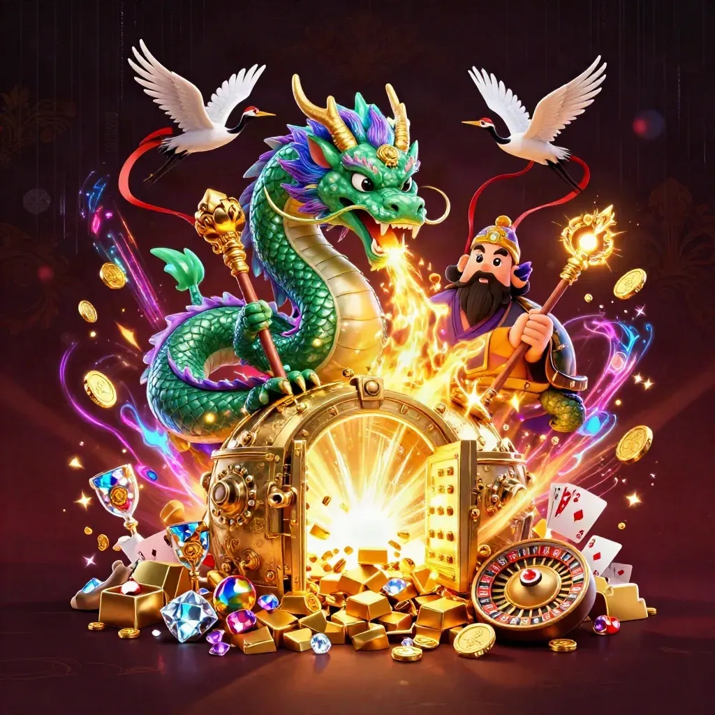 Emerald dragon, turtle sage, and cranes erupting from a glowing vault in neon casino fantasy art