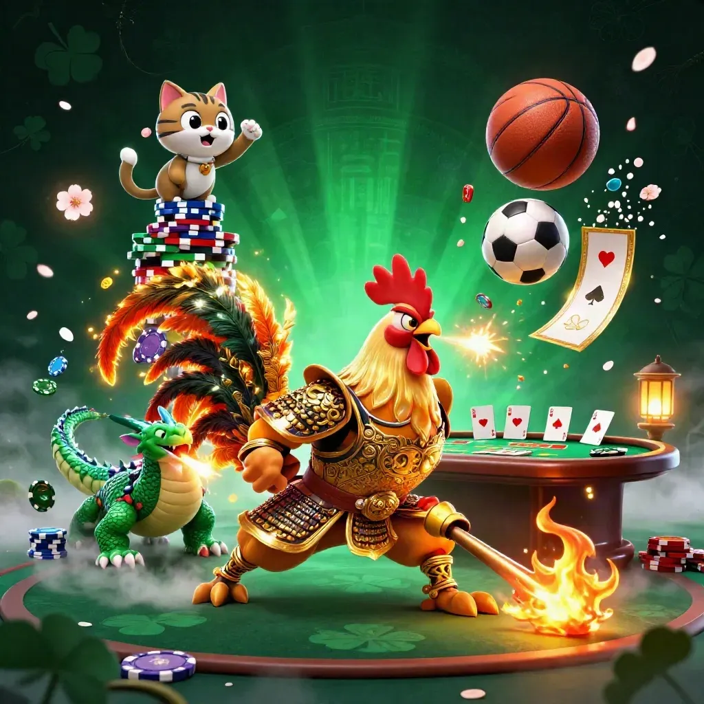 Rooster warrior, dragon hatchling, and fortune-cat erupt amid poker chips, balls, and neon casino light.