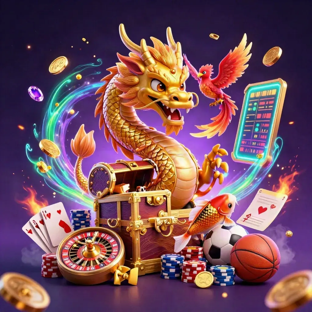 Golden dragon, phoenix, koi, and casino props explode in a neon-purple sports key art scene.