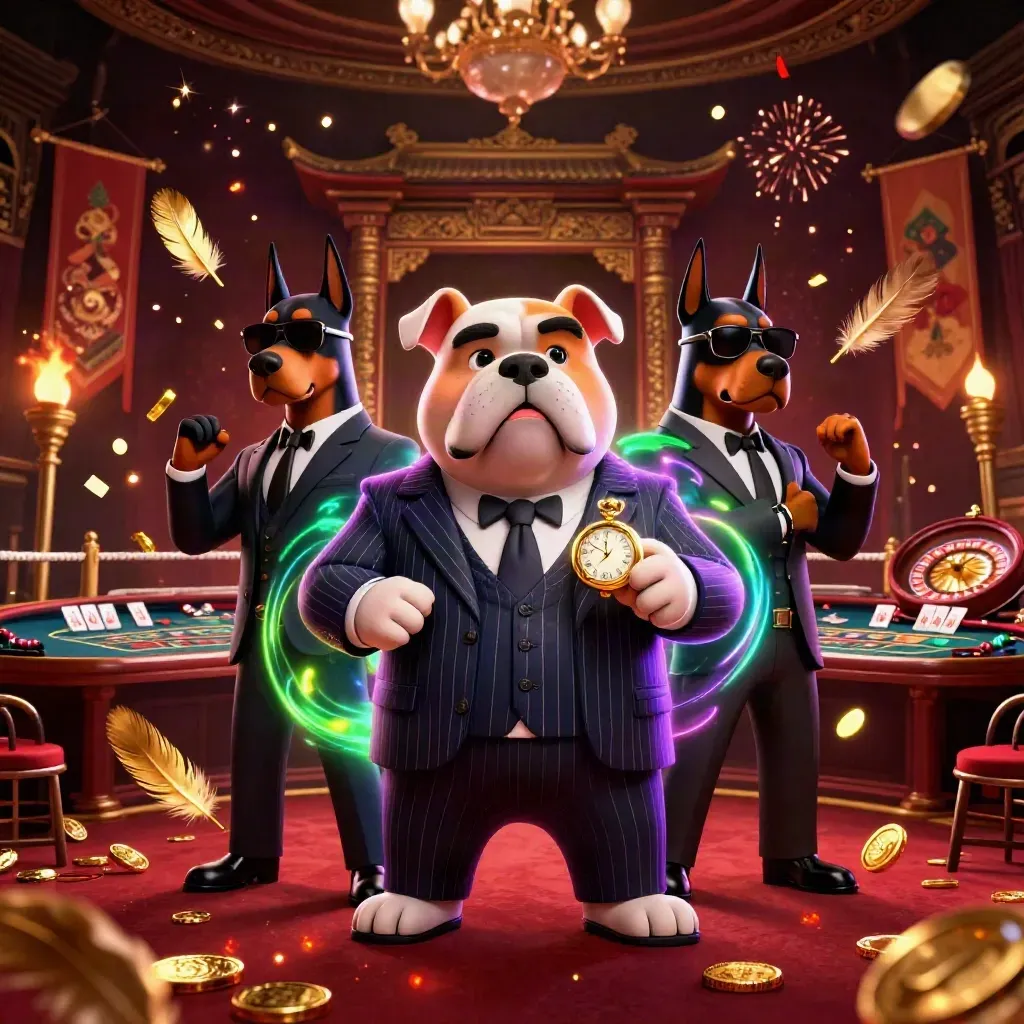 Bulldog casino boss with two Dobermans in a burgundy-gold room, smoke, sparks, and neon glow.