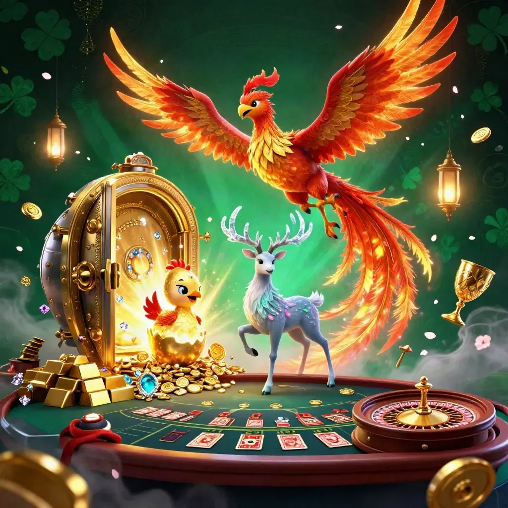 Phoenixes and a crystal stag amid vault gold in a neon casino glow.