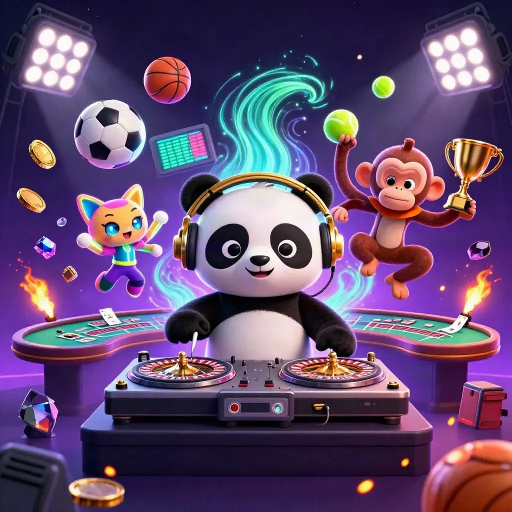 DJ panda, monkey, and glow-kitten in a neon casino room with roulette-wheel turntables.