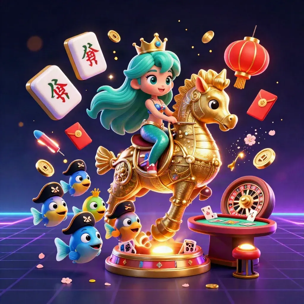 Mermaid princess on armored seahorse with pirate fish, casino game symbols, neon-lit fantasy scene