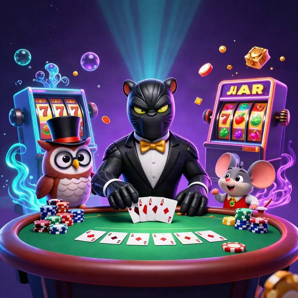 Panther, owl, and mouse in a neon casino scene with cards, chips, and glowing effects.