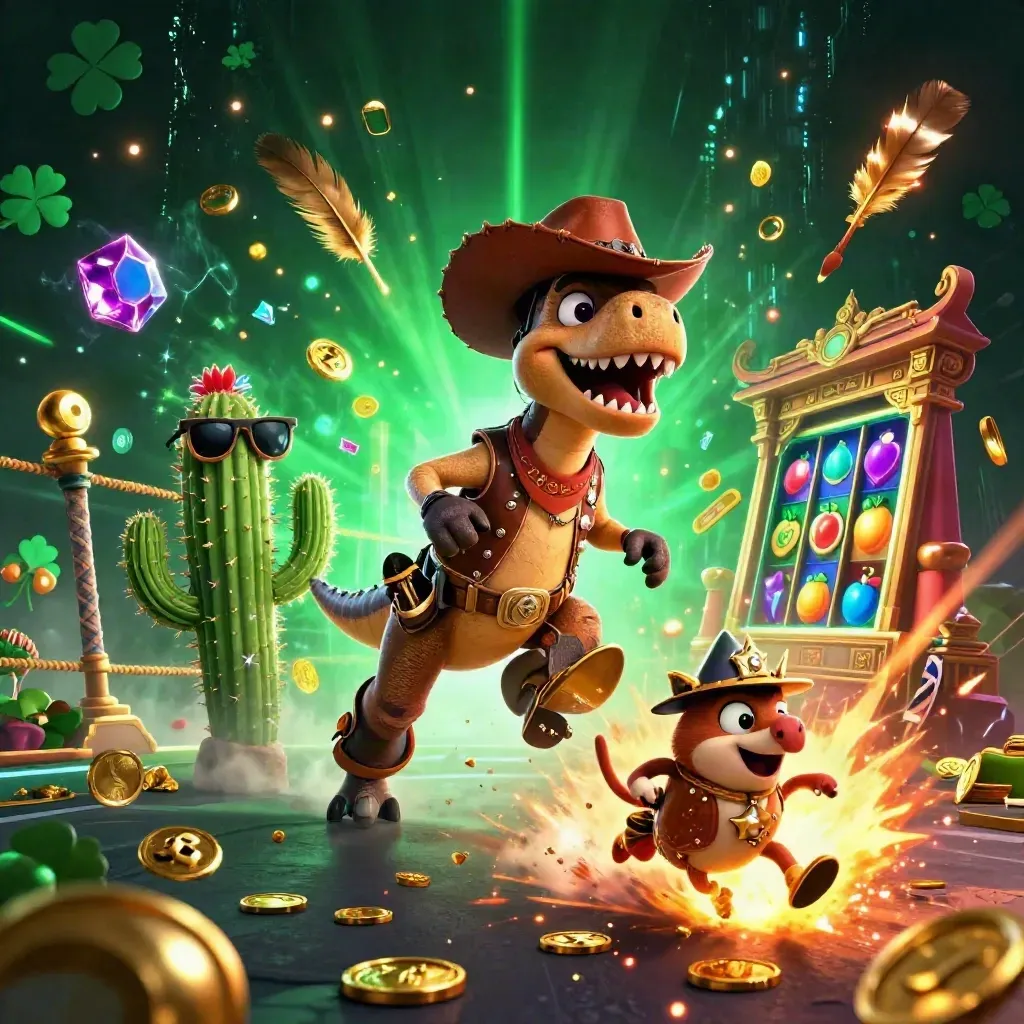 Cowboy T-Rex, cactus sidekick, and sheriff roadrunner burst through neon casino chaos.