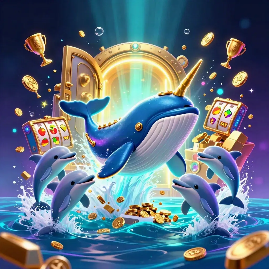 Whale captain, narwhal, and dolphins burst from a glowing treasure vault with coins and gems.