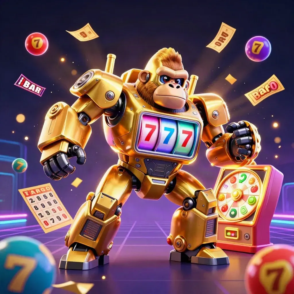 Golden gorilla slot-mech with monkey pilot amid jackpot bursts, neon grid glow