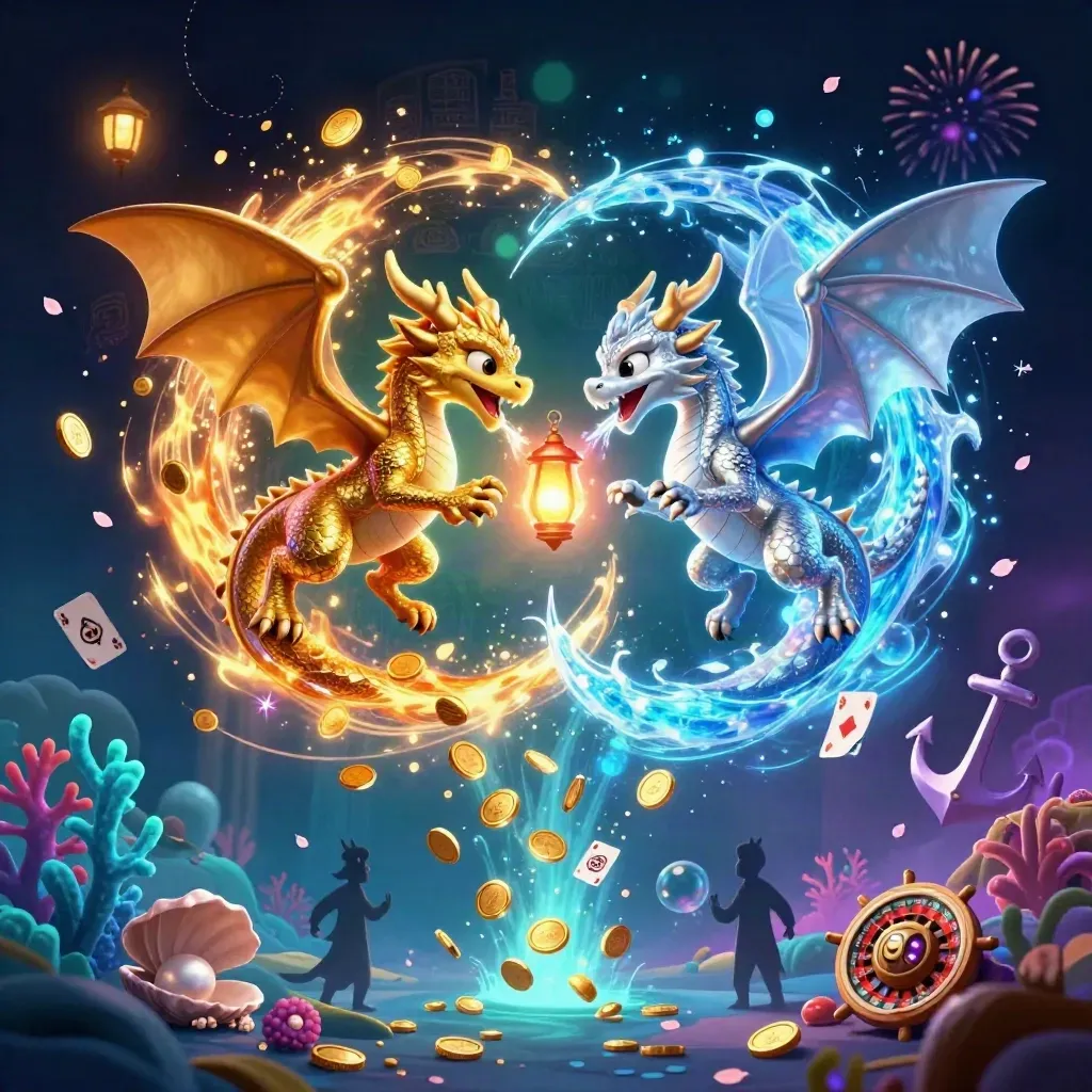 Twin gold and silver dragons spiral with coins, treasure, coral, and glowing casino magic.