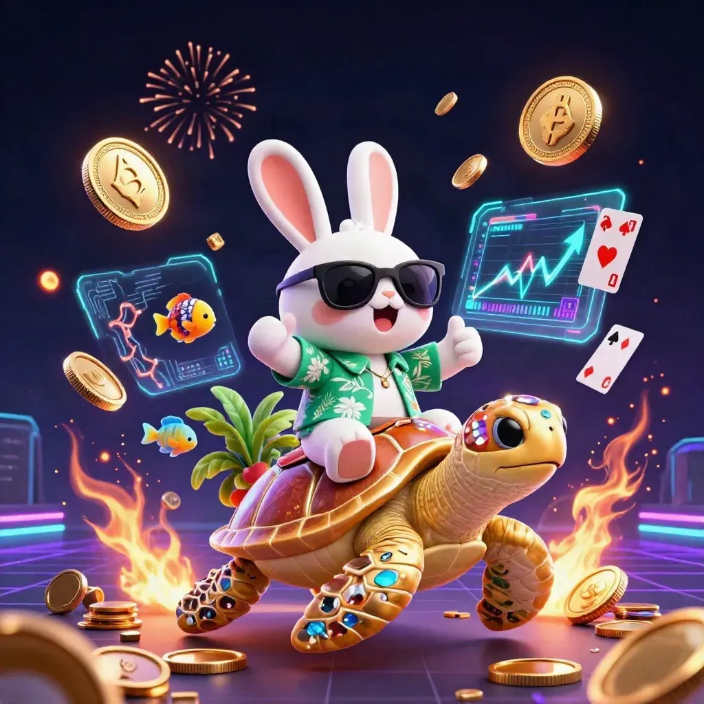 Lucky rabbit on a golden sea turtle amid coins, fireworks, neon crypto effects