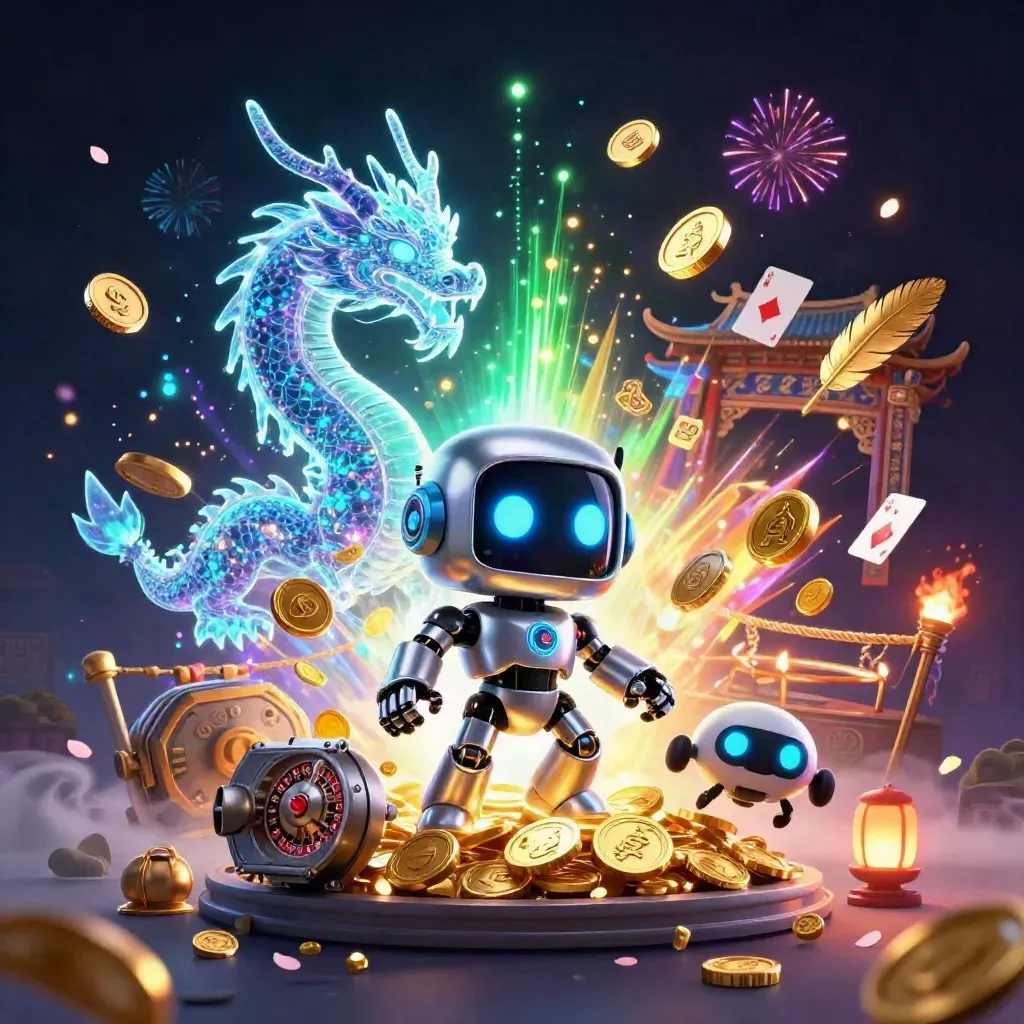 Cyberpunk robot, holographic dragon, and coin drone amid bursting gold coins and neon casino effects.