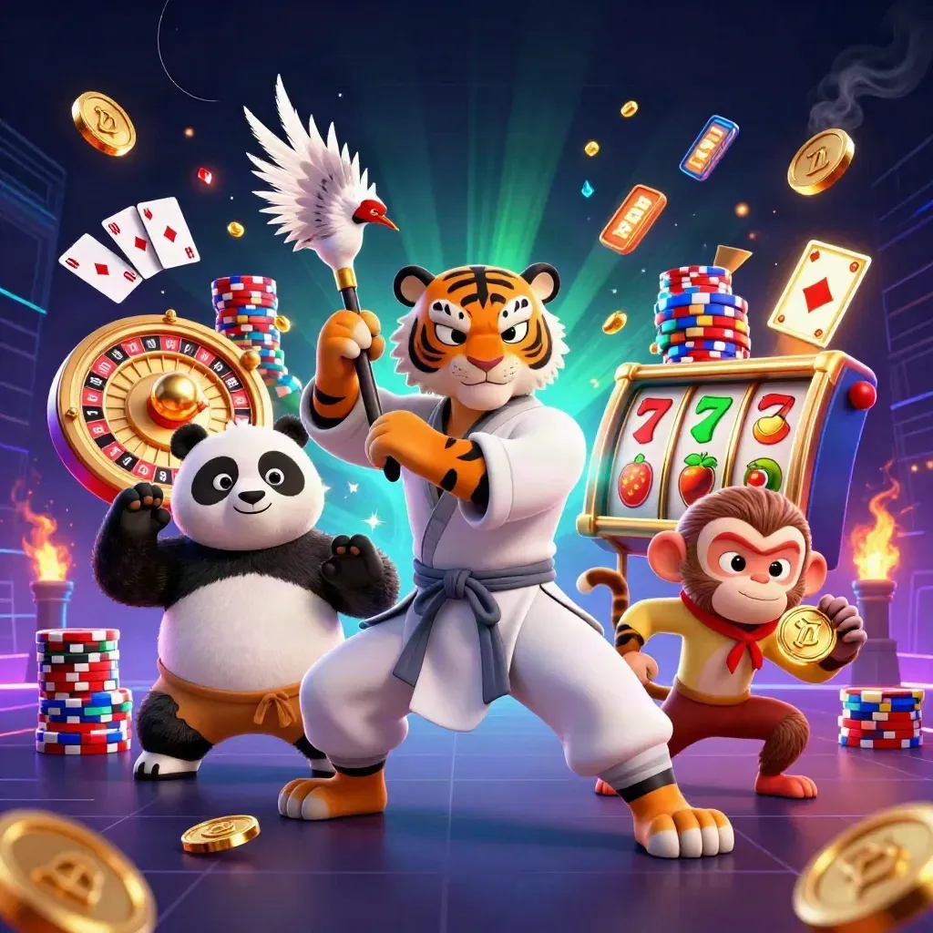 Tiger, panda, and monkey pose amid casino chips, coins, roulette, and neon glow.