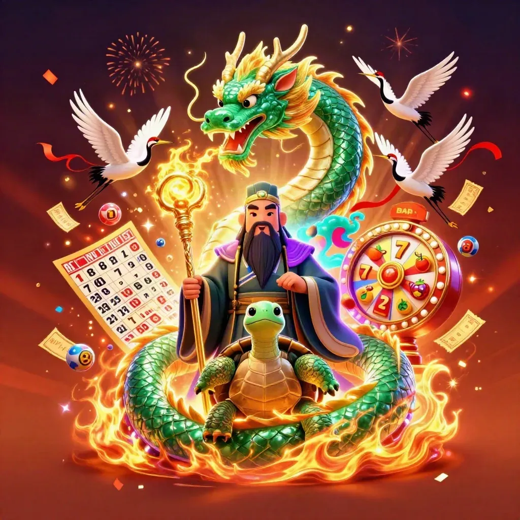 Emerald dragon, turtle sage, and cranes amid casino loot, fire, and glowing effects