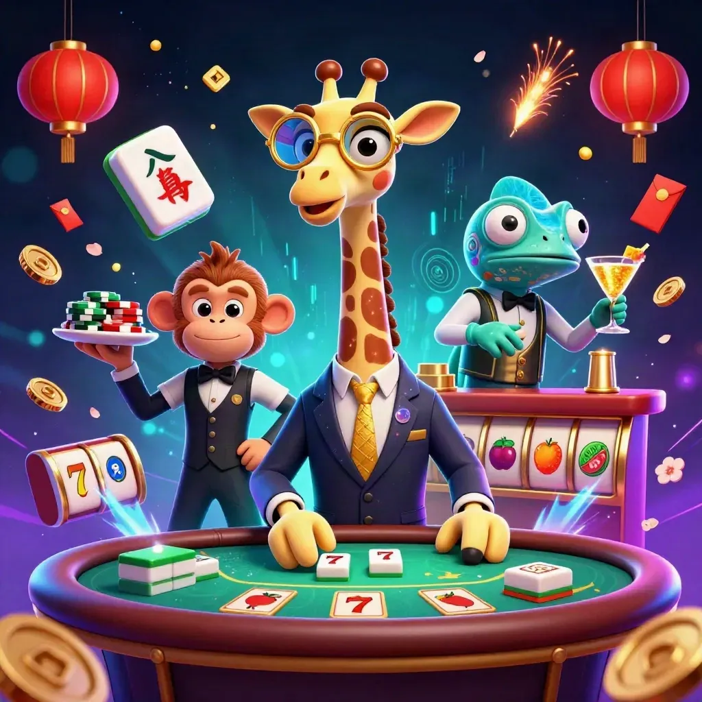 Giraffe, monkey valet, and chameleon bartender in a neon casino blast with coins, tiles, and jackpots.