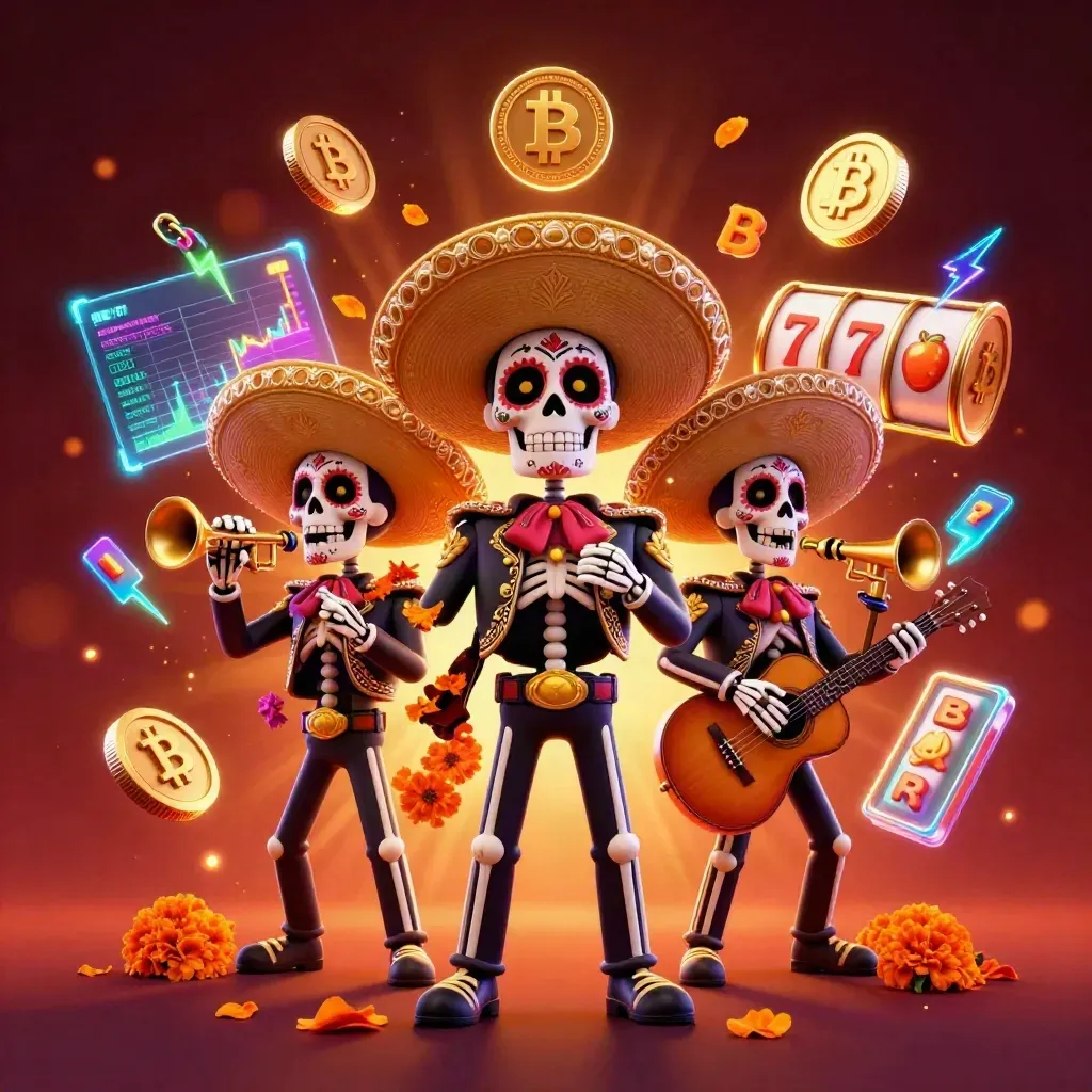 Three Day-of-the-Dead skeleton mariachi heroes amid crypto coins, reels, and neon casino effects.