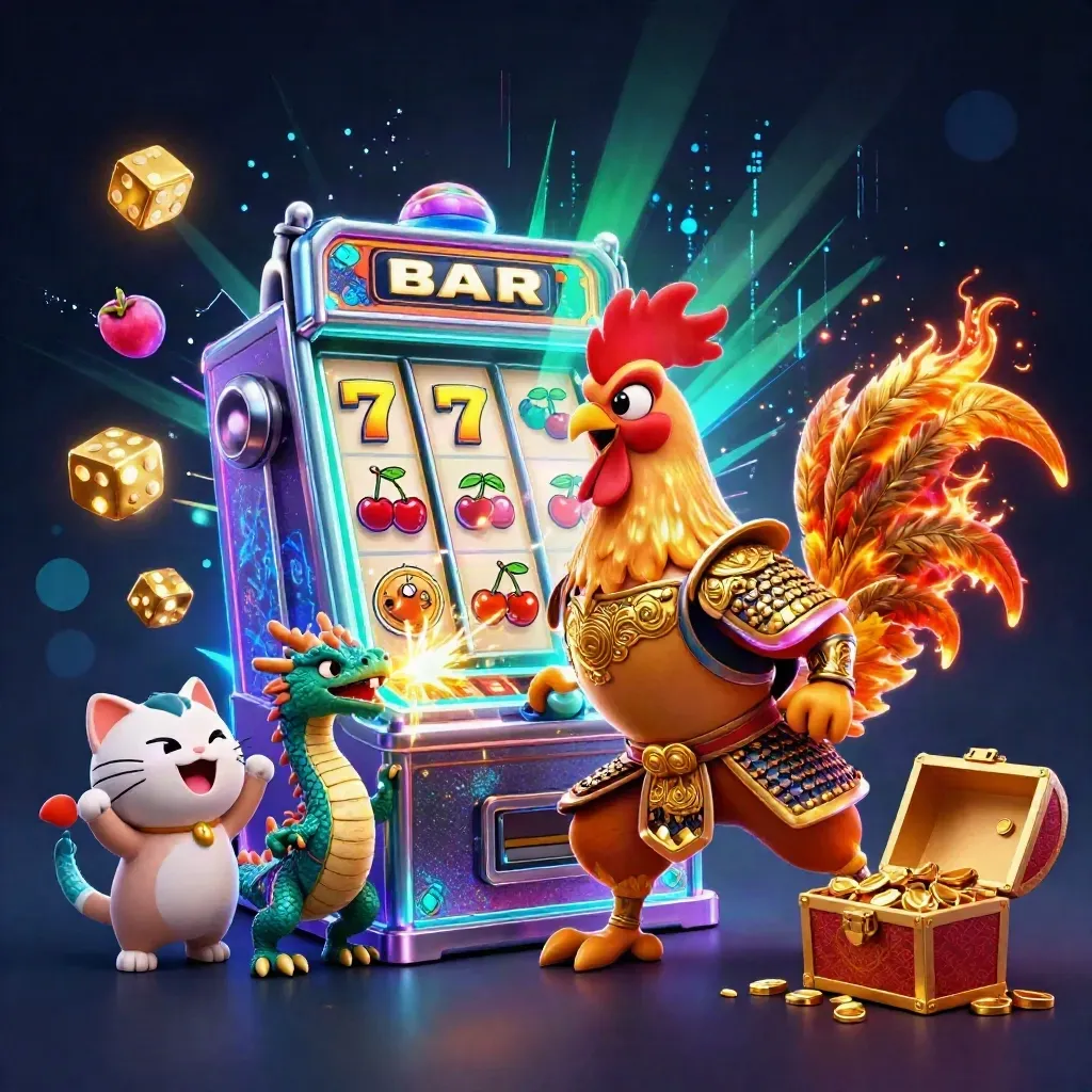 Rooster samurai, spark-breathing dragon hatchling, and lucky cat around exploding slot machine
