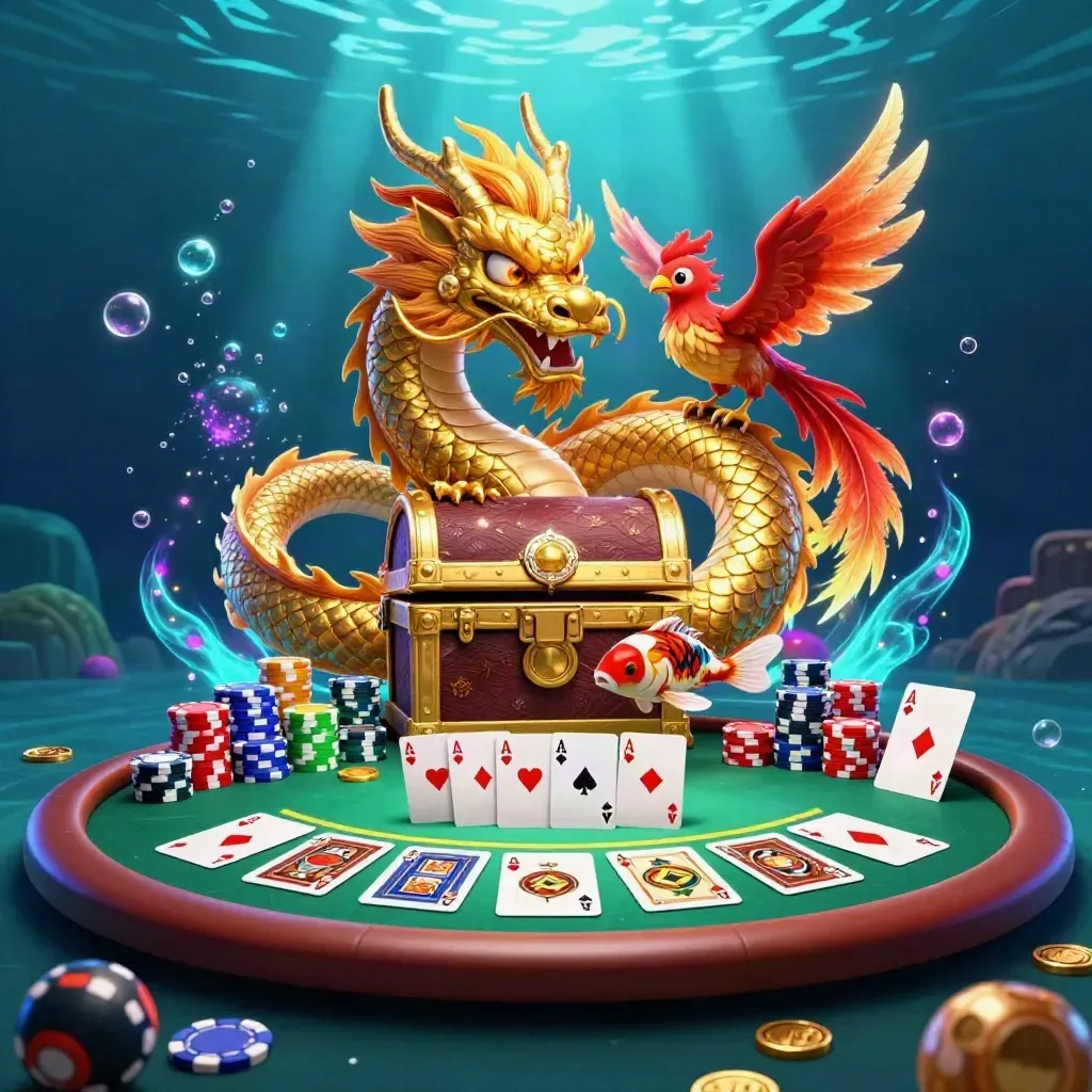 Golden dragon, phoenix, koi, and casino treasures in a neon underwater splash scene.