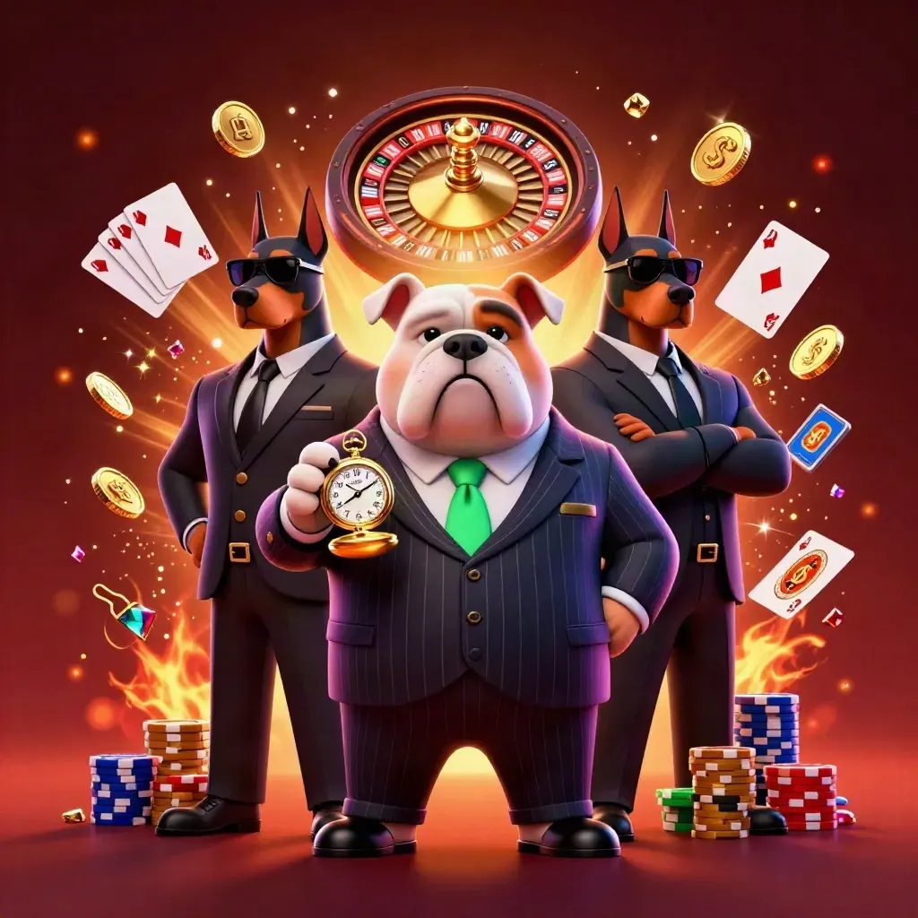 Bulldog mafia boss with Doberman guards, coins, cards, roulette wheel, and glowing casino effects.