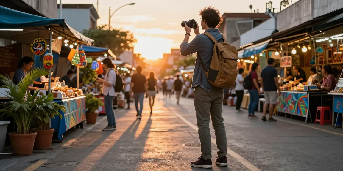 Rokok88 travel exploration in a vibrant city during sunset, showcasing local markets and cultural experiences.