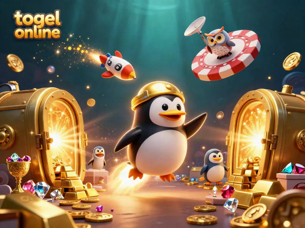 Experience thrilling togel online adventures with a golden penguin in a vibrant 3D casino illustration.
