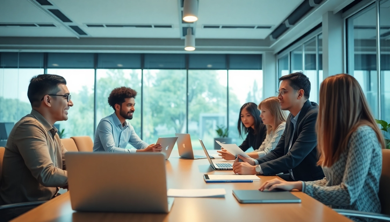 Besprechungsteam von https://alvionz.de/ in modernem Büro mit Laptops und Dokumenten.