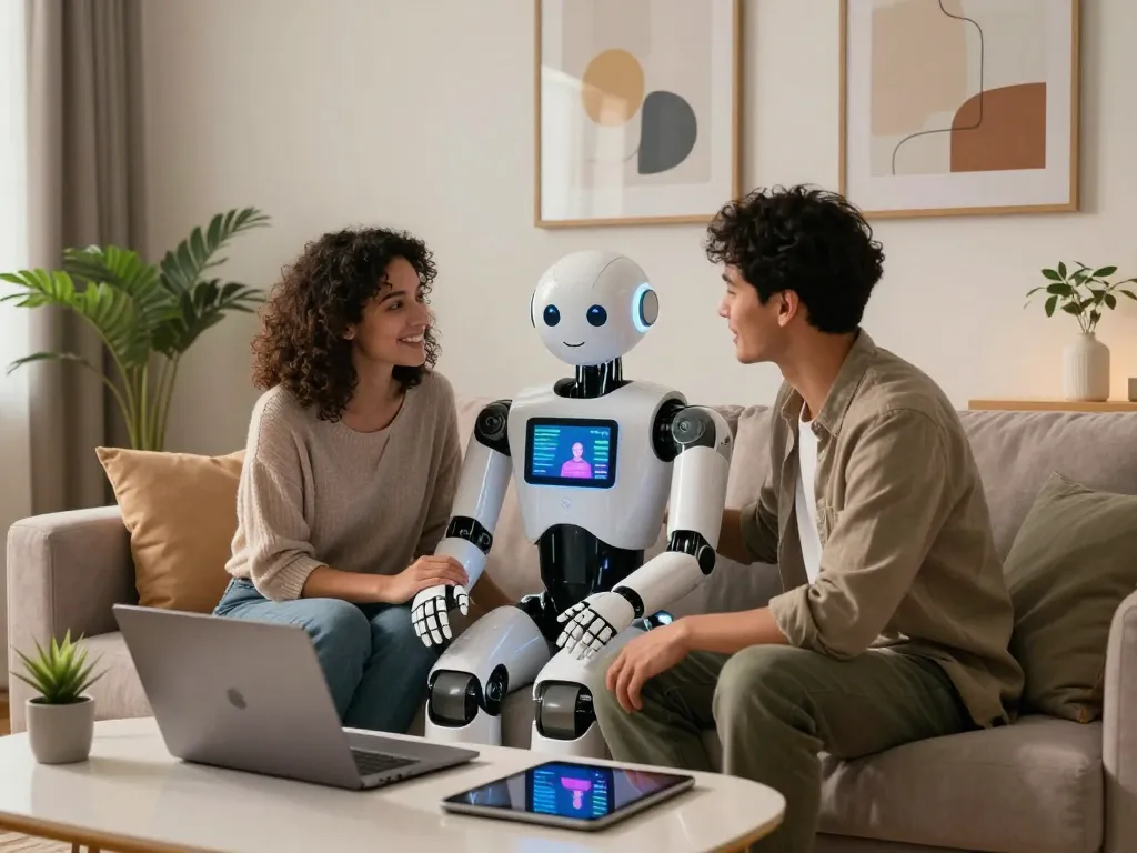 A couple engaging in conversation with an AI robot in a modern living room, exploring themes of ai sex and emotional connection.