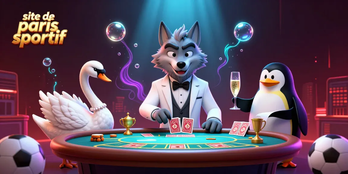 Une illustration dynamique de site de paris sportif avec un loup joueurs, un cygne et un pingouin sommelier à une table de baccarat.