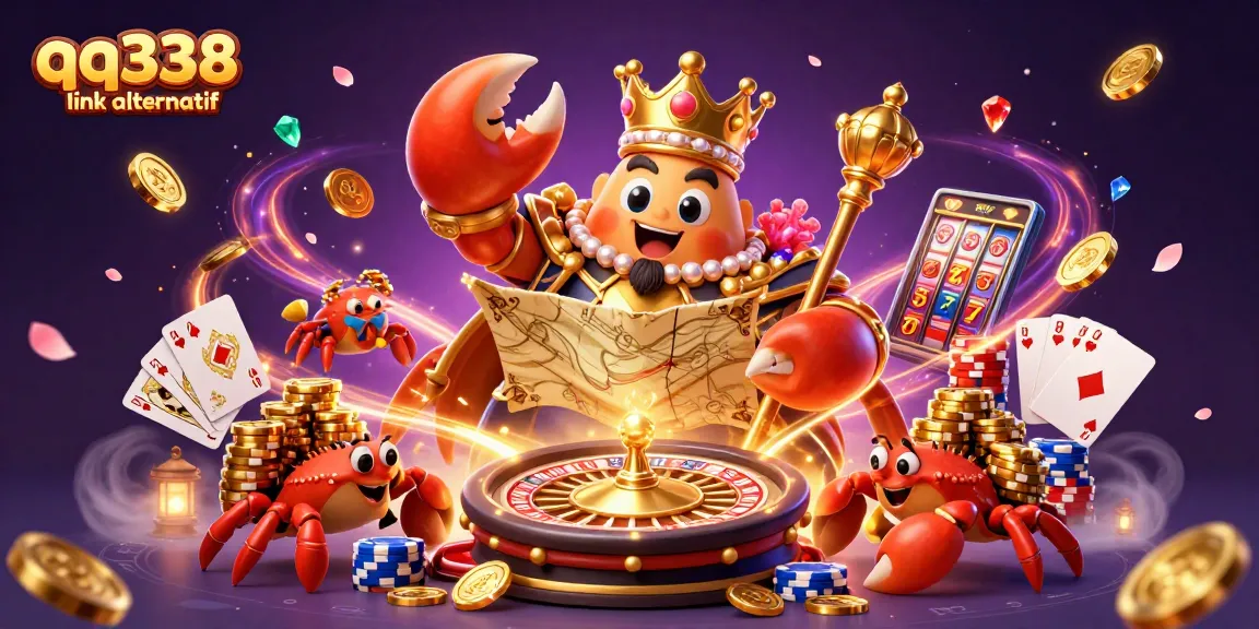 Experience the thrill of gaming with qq338 link alternatif, featuring a majestic crab emperor and vibrant gambling elements.