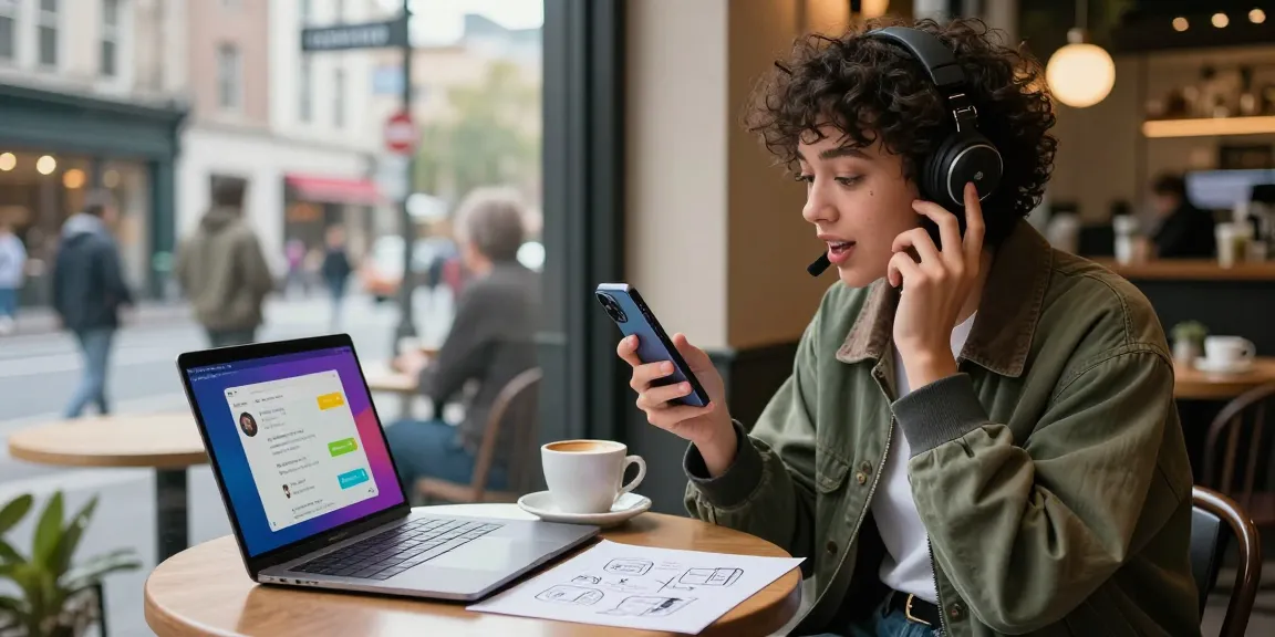 Engaging conversation with an ai girlfriend on a smartphone in a trendy urban café.