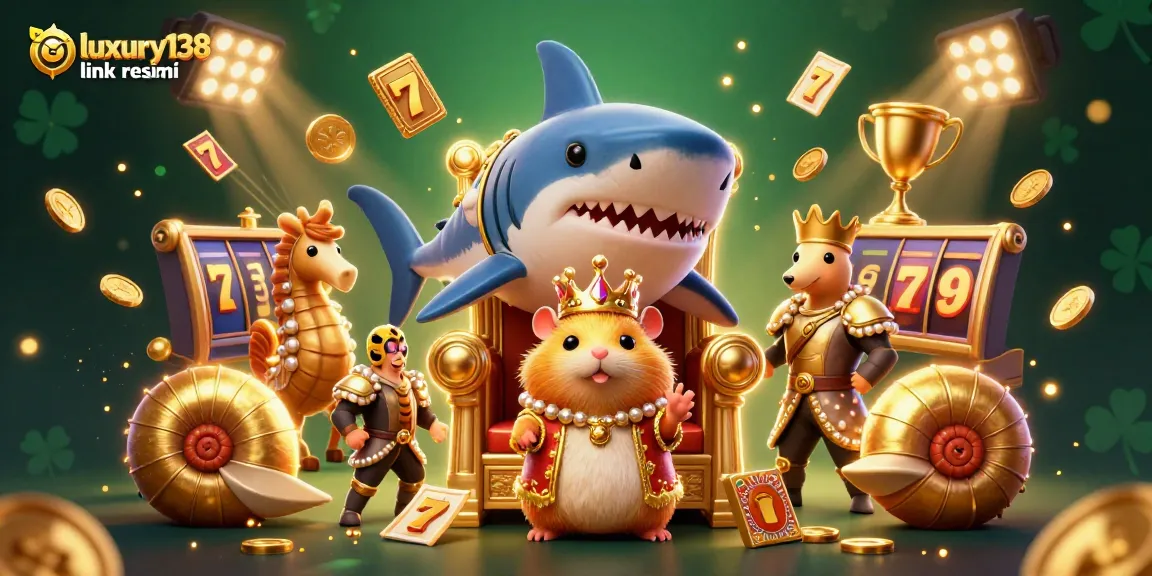 Engage with luxury138 link resmi, featuring a lively scene of a hamster king and slot game elements.